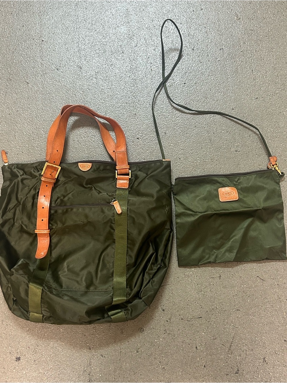 BRICS Olive Green Nylon Tote with Leather Trim and Pouch
